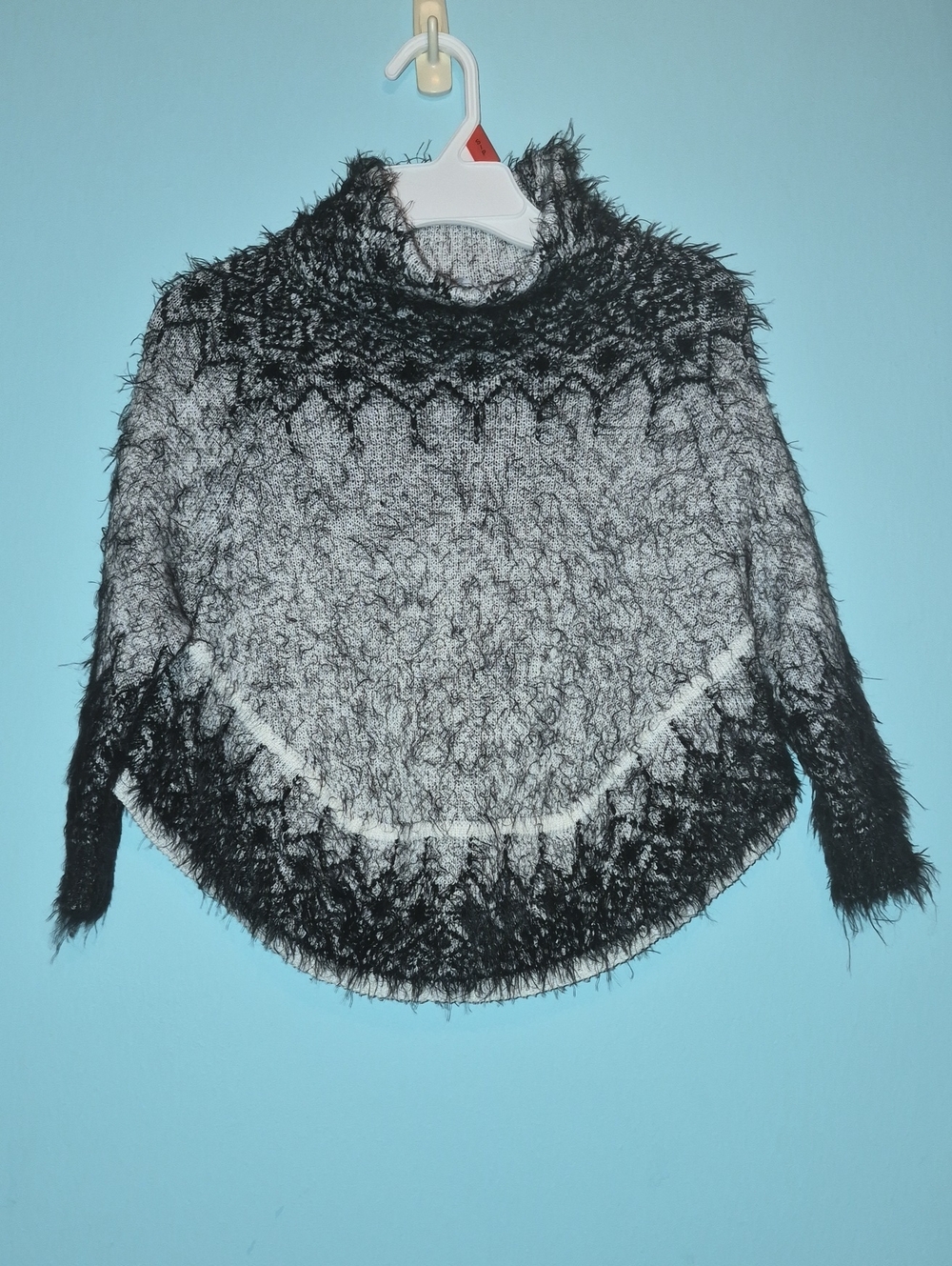 Miss K Girls Fuzzy Fair Isle Poncho Sweater | Black & Grey Nordic Kids Cape Knit